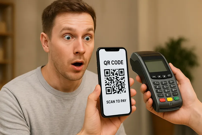 Иллюстрация к росту QR-платежей в Казахстане: мужчина держит смартфон с QR-кодом рядом с банковским POS-терминалом