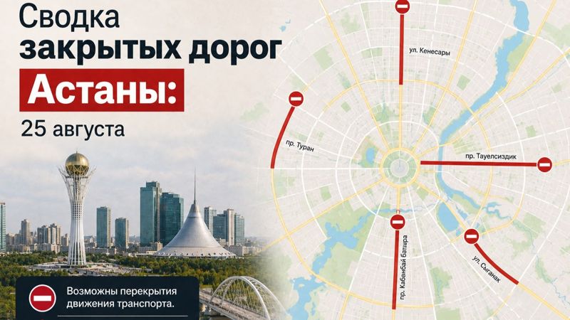 Закрытые дороги в Астане: сводка на 25 августа. Интерактивная карта