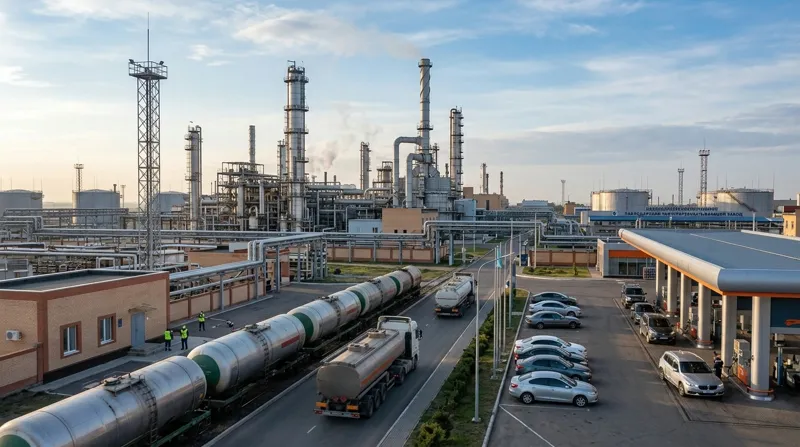 Павлодарский нефтеперерабатывающий завод с металлическими резервуарами и ректификационными колоннами, а также прилегающую автозаправочную станцию с припаркованными легковыми автомобилями.