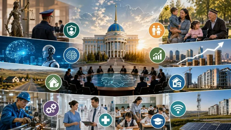 Коллаж с государственными учреждениями, картой Казахстана и символами правосудия, экономики, технологий, медицины, образования, социальной поддержки и регионального развития