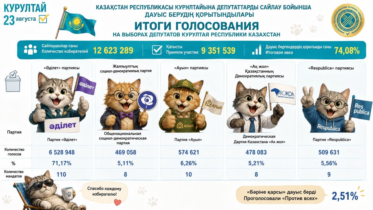 Инфографика с итогами выборов в курултай: результаты пяти прошедших партий, число голосов, доли голосов и количество полученных мандатов