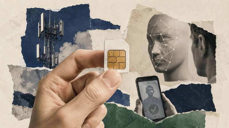 Коллаж: рука держит SIM-карту на фоне вышки связи, смартфона и изображения лица с биометрической разметкой