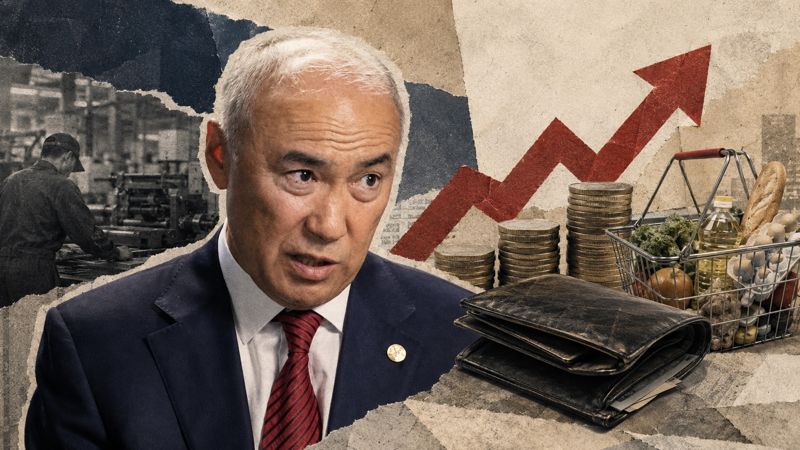 Коллаж с бизнес-омбудсменом Канатом Нуровым, растущим графиком, монетами, кошельком и продуктовой корзиной как символами инфляции и расходов бизнеса