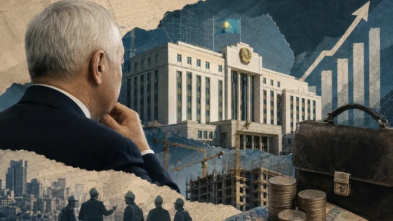 Коллаж о бюджетной политике Казахстана: государственное здание, стройка, портфель, монеты и график роста на фоне чиновника