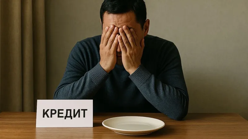 Иллюстрация к проблеме кредитной нагрузки: расстроенный мужчина сидит за пустым столом рядом с табличкой "Кредит"