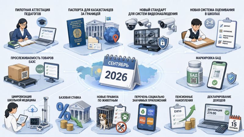 Инфографика с основными изменениями в Казахстане с сентября 2026 года — новые правила для педагогов, школ, видеонаблюдения, БАД, пенсионных накоплений, декларирования доходов и другие нововведения.