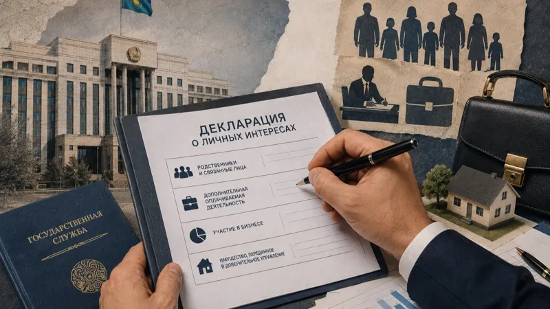 Иллюстрация о декларации личных интересов госслужащих: документ со сведениями о родственниках, дополнительной деятельности, бизнесе и имуществе