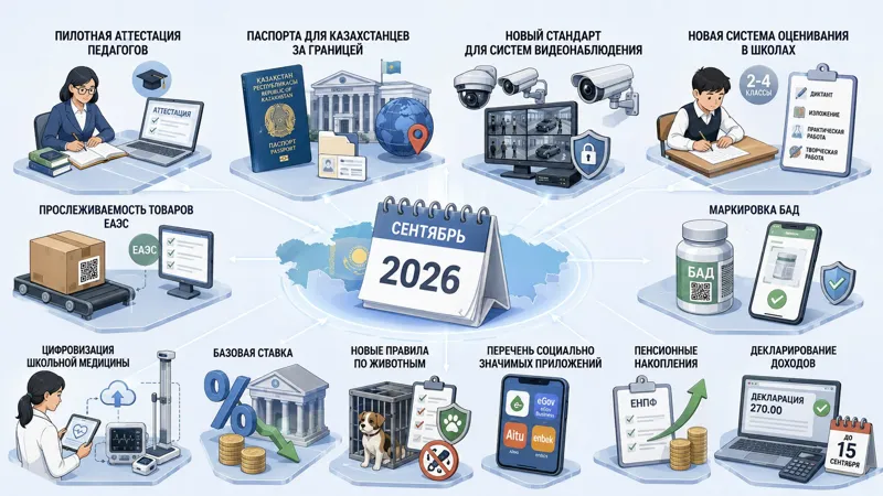 Инфографика с основными изменениями в Казахстане с сентября 2026 года — новые правила для педагогов, школ, видеонаблюдения, БАД, пенсионных накоплений, декларирования доходов и другие нововведения.