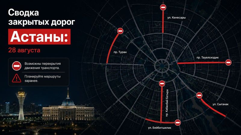 Закрытые дороги в Астане: сводка на 28 августа. Интерактивная карта