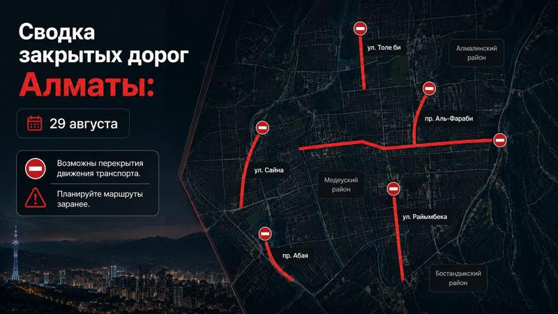 Закрытые дороги в Алматы: сводка на 29 августа. Интерактивная карта