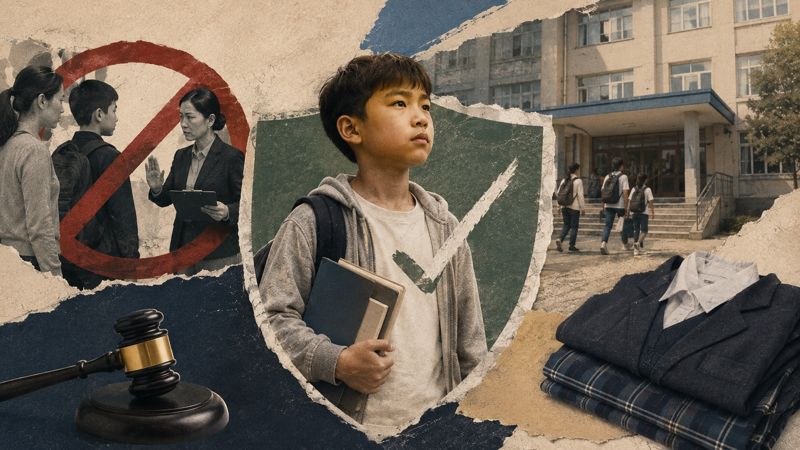 Школьник с книгами на фоне школы, школьная форма, символ защиты и элементы, обозначающие правила и ответственность