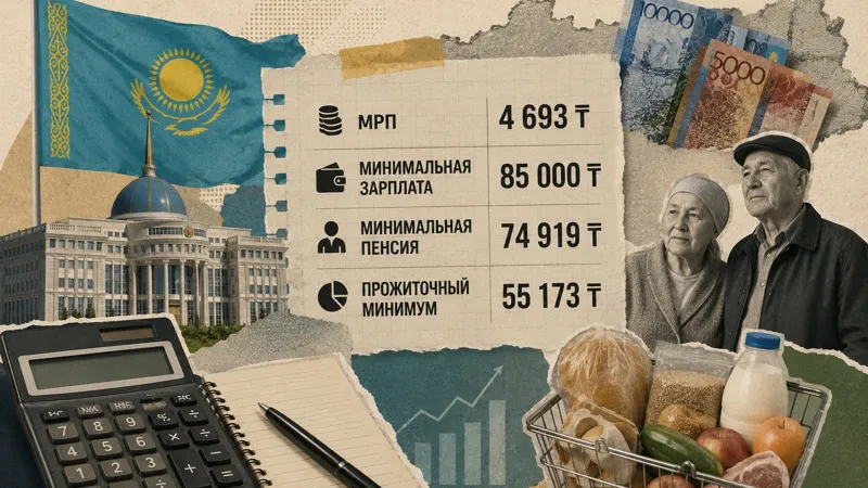 Инфографика с МРП, минимальной зарплатой, минимальной пенсией и прожиточным минимумом на 2027 год на фоне флага Казахстана, здания госоргана, пожилой пары и продуктовой корзины
