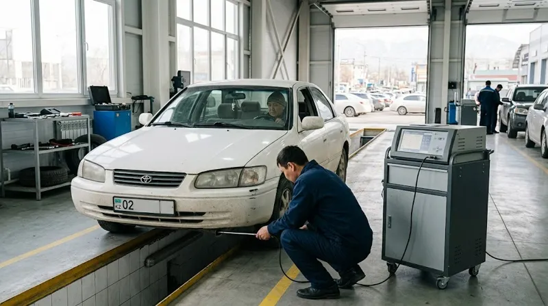 Специалист проводит измерение уровня выбросов выхлопных газов автомобиля с помощью диагностического оборудования в сервисном центре Алматы
