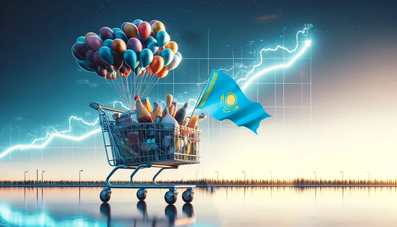 Иллюстрация о росте цен и инфляции в Казахстане: продуктовая тележка, воздушные шары, флаг Казахстана и график изменения цен
