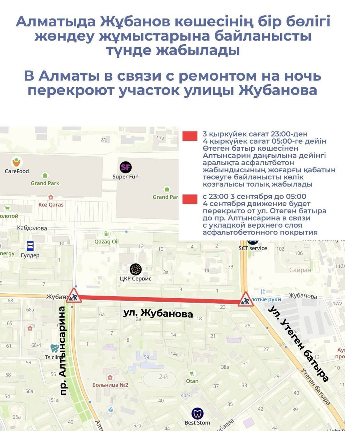 Карта участка улицы Жубанова от проспекта Алтынсарина до улицы Утеген батыра, где временно перекроют движение