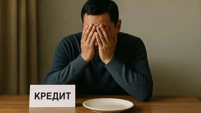Мужчина сидит за столом, закрыв лицо руками, рядом табличка «Кредит» и пустая тарелка