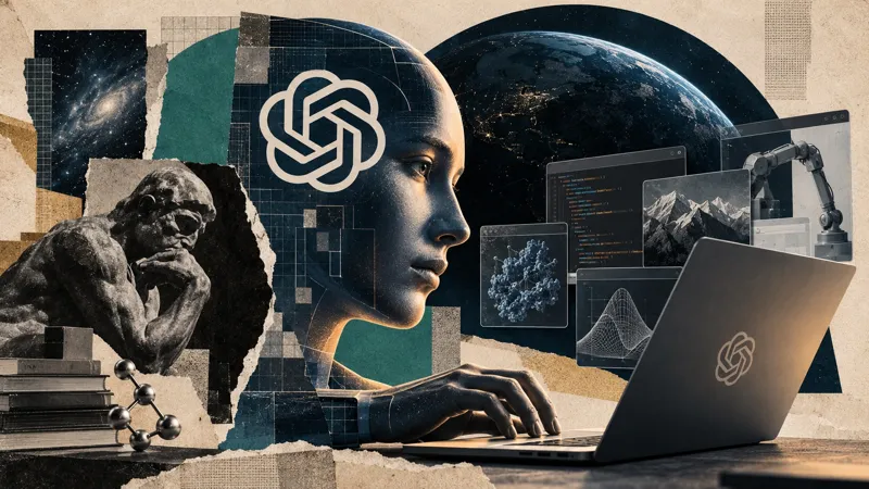 Человек работает за ноутбуком на фоне символа OpenAI, космоса, научных моделей и роботизированной руки