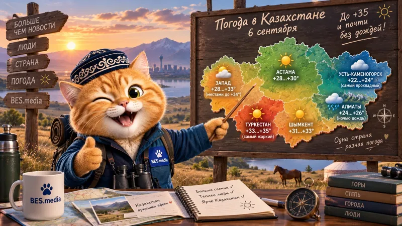 Синоптик-маскот BES.media показывает на карте Казахстана прогноз погоды на 6 сентября: жару на юге и западе, прохладу на востоке и дождь в Алматы