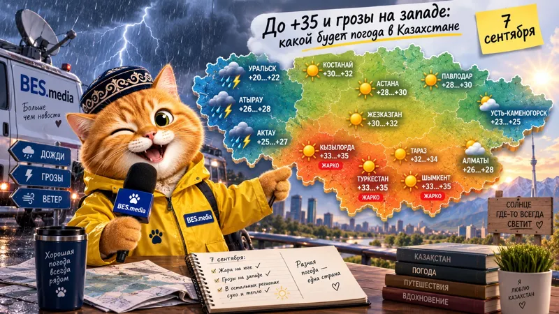 Синоптик-маскот BES.media показывает на карте Казахстана прогноз погоды на 7 сентября