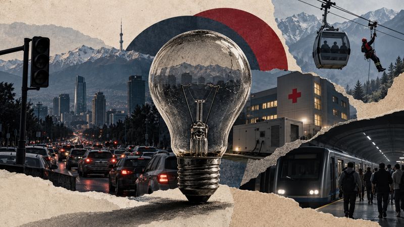 Коллаж о блэкауте в Алматы: погасшая лампочка на фоне города, автомобильные пробки, больница, метро и канатная дорога