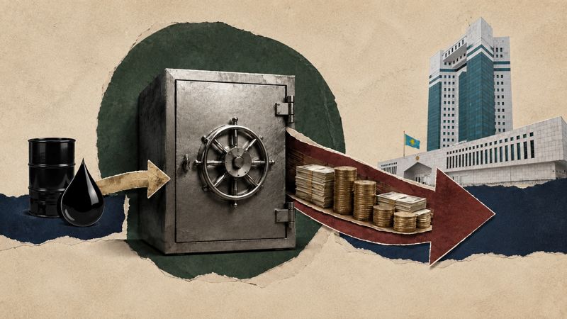 Сейф, деньги, нефть и здание правительства Казахстана на коллаже о трансфертах из Национального фонда