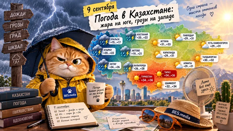 Рыжий кот в жёлтом дождевике и с зонтом на фоне карты Казахстана, где показаны грозы на западе и жаркая погода на юге