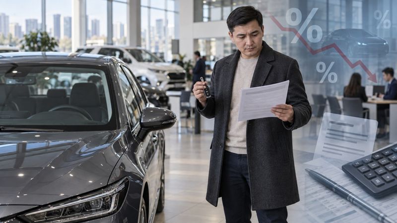 Мужчина знакомится с кредитным договором рядом с автомобилем