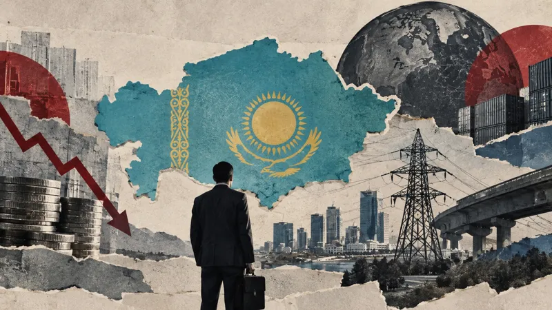 Коллаж карта страны, деловой человек, падающий график, монеты, линии электропередачи, городская инфраструктура и грузовые контейнеры.