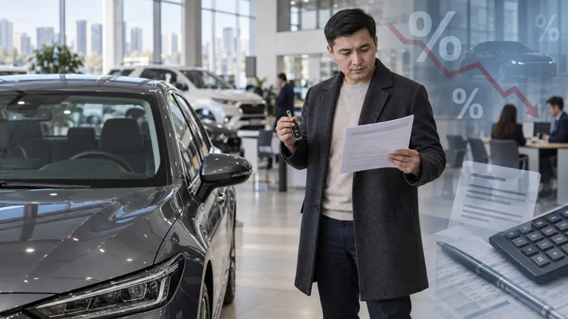 Мужчина знакомится с кредитным договором рядом с автомобилем