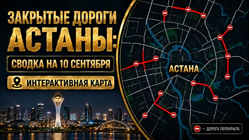 Коллаж карты перекрытия дорог в Астане и изображение Байтерека