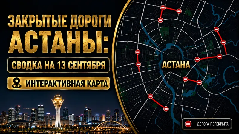 Коллаж карты перекрытия дорог в Астане и изображение Байтерека