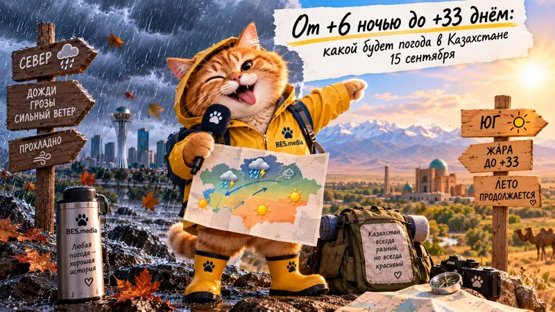 Маскот BES.media в жёлтом дождевике с зонтом показывает карту Казахстана: на севере дожди и грозы, на юге жара до +33 градусов