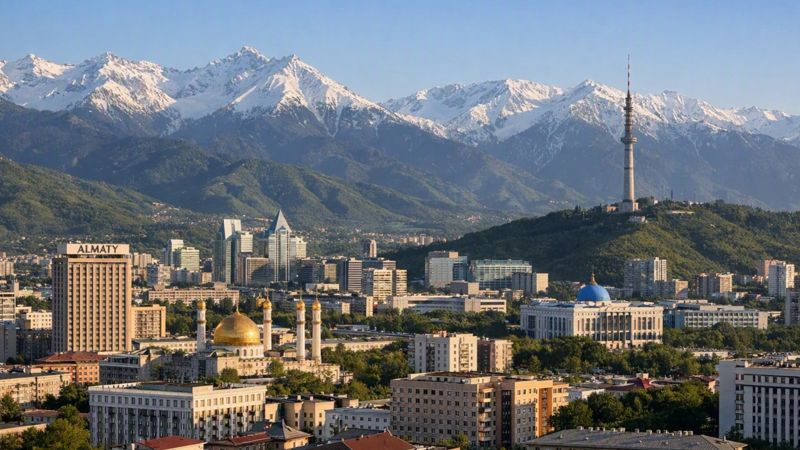Общий план города Алматы на фоне гор