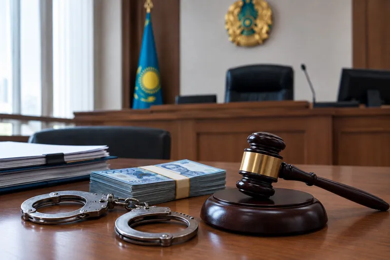 Молоток судьи, наручники и пачка казахстанских тенге на столе в зале суда