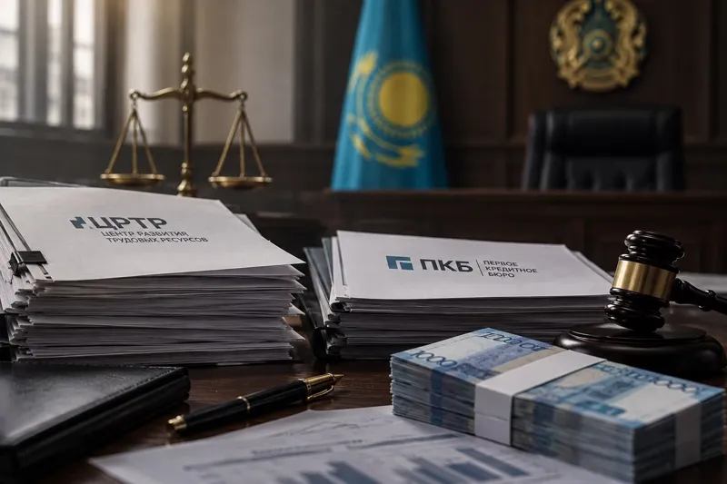 Документы, деньги и судейский молоток на столе в зале суда Казахстана
