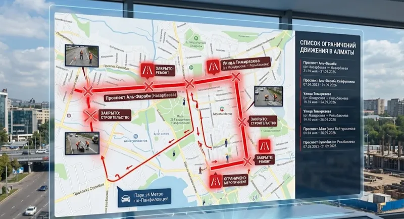 Карта закрытых дорог на экране компьютера в Алматы