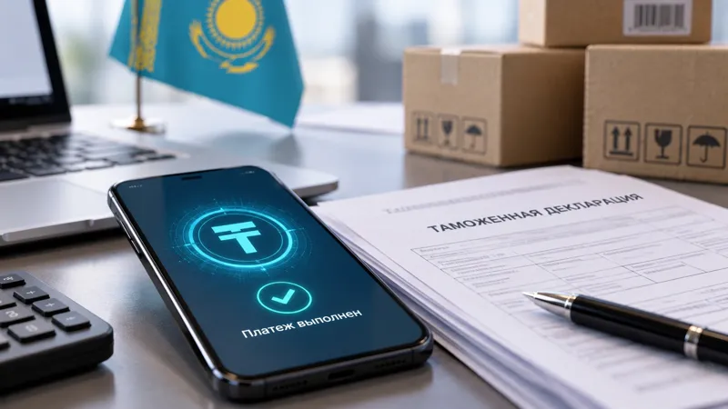 Смартфон с цифровым тенге рядом с таможенной декларацией и грузом на фоне флага Казахстана