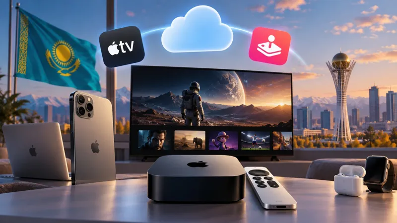 Apple TV и устройства Apple на фоне городской панорамы Казахстана