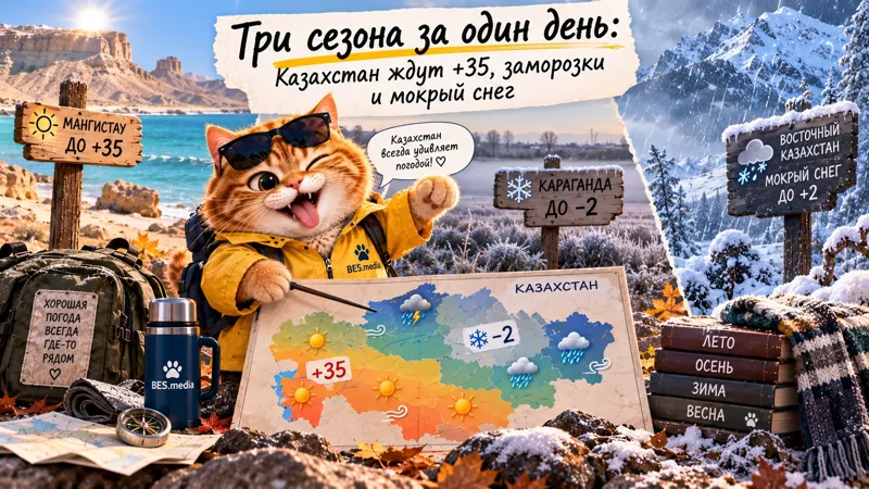 Кот-синоптик BES.media с картой Казахстана на фоне жары в Мангистау, заморозков в Карагандинской области и мокрого снега на востоке страны