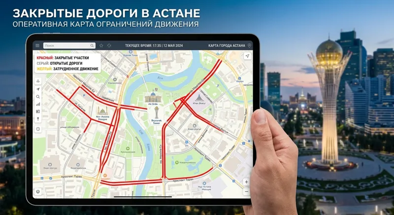 Закрытые дороги в Астане на карте