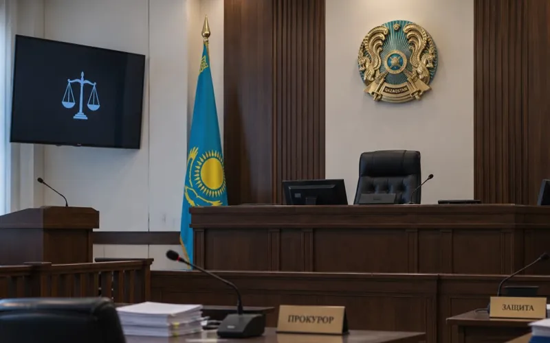 Зал судебного заседания в Казахстане с государственным флагом и гербом