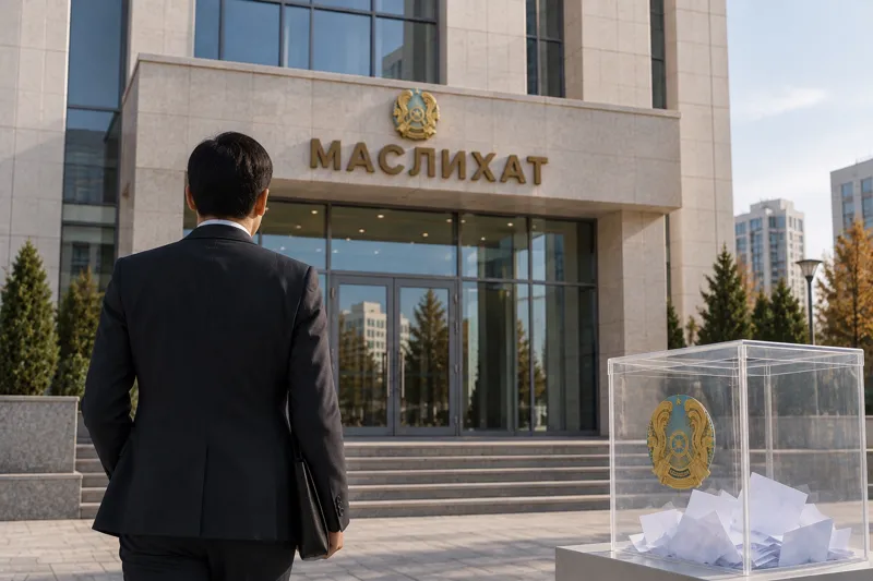 Здание маслихата, урна для голосования и мужчина в костюме