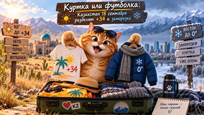 Кот-синоптик BES.media с футболкой и курткой на фоне жары на юге Казахстана и заморозков на востоке
