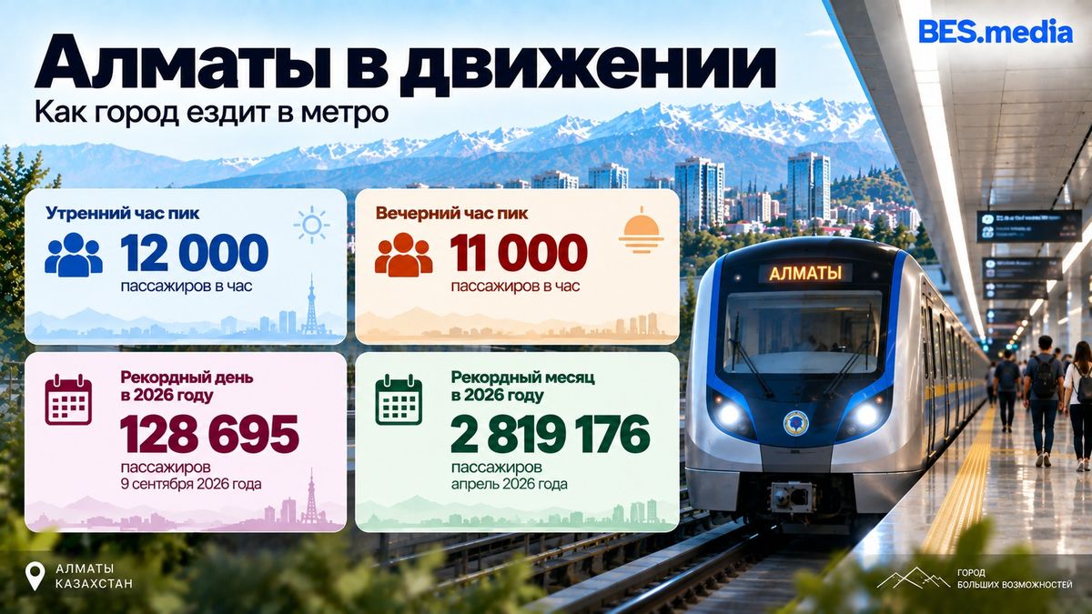 Инфографика о пассажиропотоке метро Алматы в часы пик, рекордном дне и рекордном месяце 2026 года