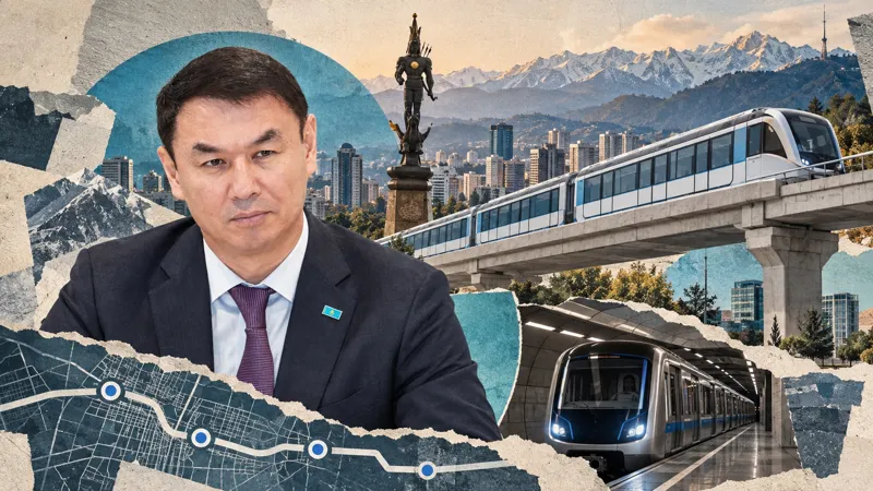Коллаж с акимом Алматы Дарханом Сатыбалды, поездами метро и схемой линии на фоне города