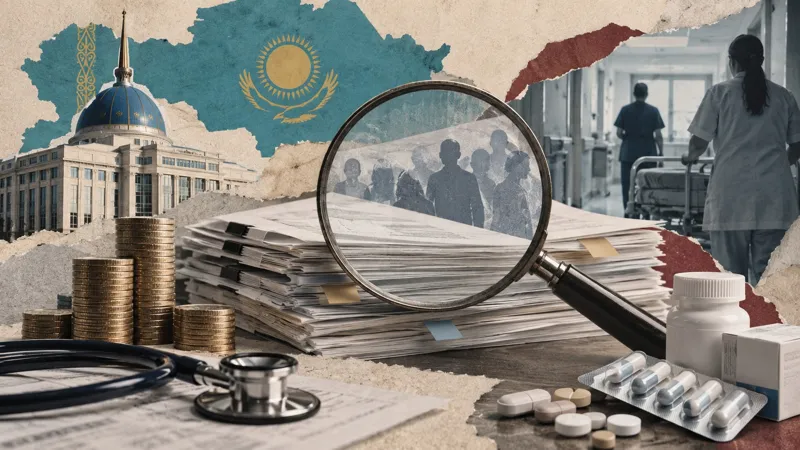 Коллаж о проверке расходов на медицину: документы, монеты, лекарства и стетоскоп под увеличительным стеклом на фоне медицинского учреждения и карты Казахстана