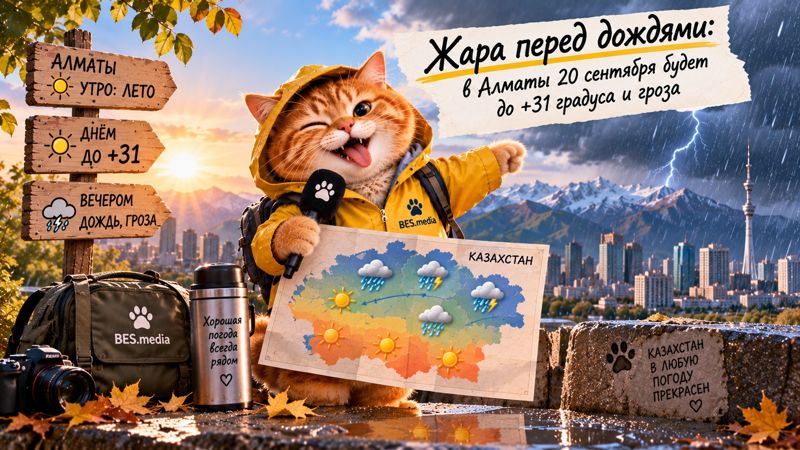 Котик-синоптик BES.media показывает погоду на 20 сентября: в Алматы жара до +31 градуса сменится дождём и грозой