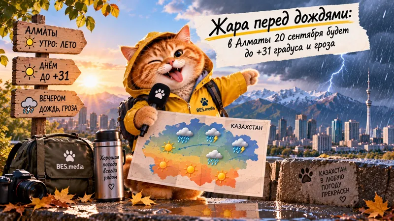 Котик-синоптик BES.media показывает погоду на 20 сентября: в Алматы жара до +31 градуса сменится дождём и грозой