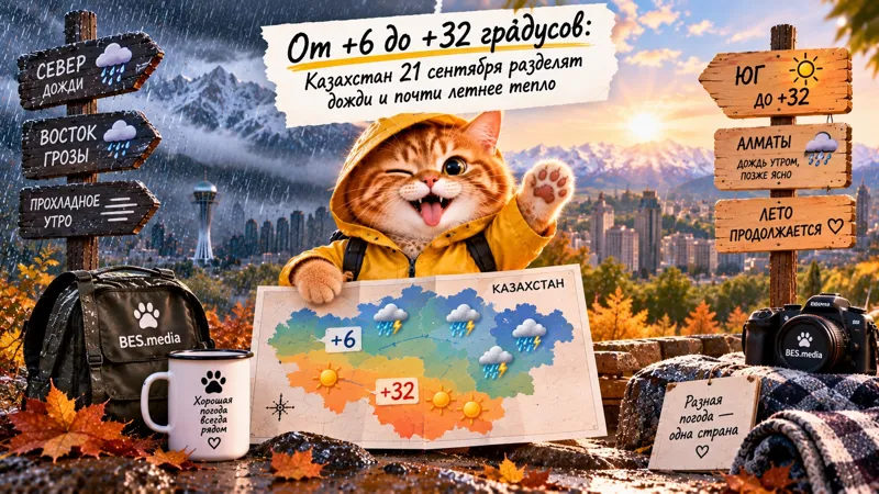 Котик-синоптик BES.media показывает погоду на 21 сентября: на севере и востоке дожди и грозы, на юге – тепло до +32 градусов.