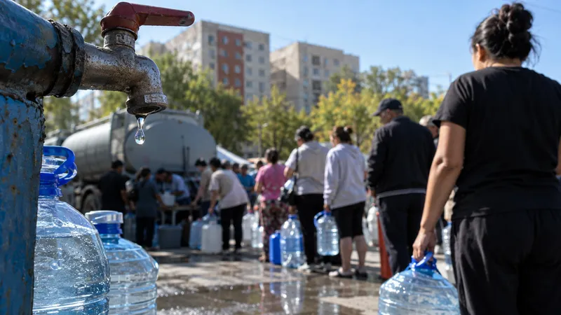 Жители Алматы набирают воду в канистры во время отключения водоснабжения после аварии на магистральном водопроводе.